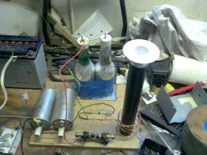 coils, spark gap, salt water capacitors and output transformer 